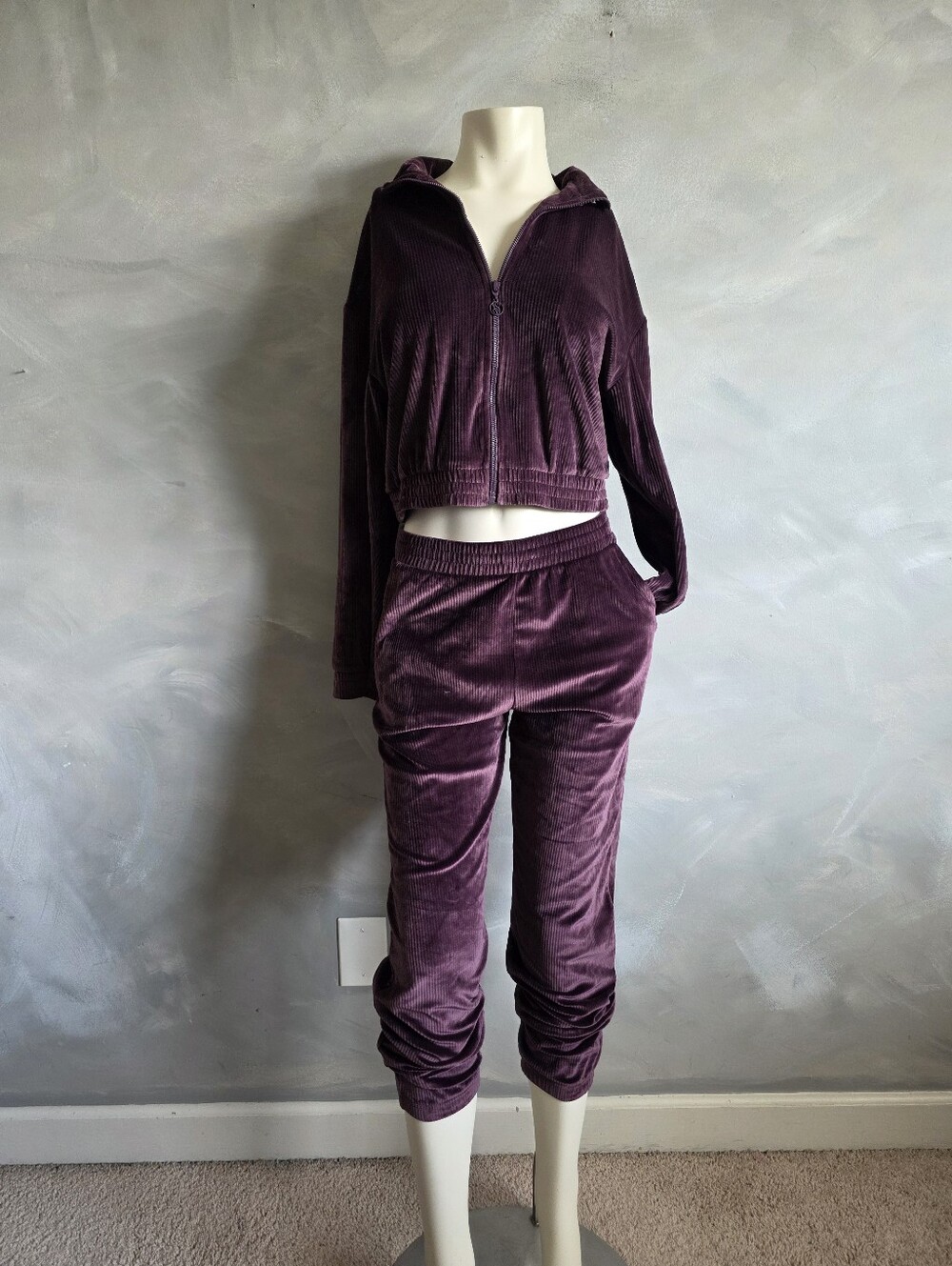 Victoria's Secret Y2K 00s Plum Wine Purple Ribbed Velour Tracksuit Set Sz XS/S